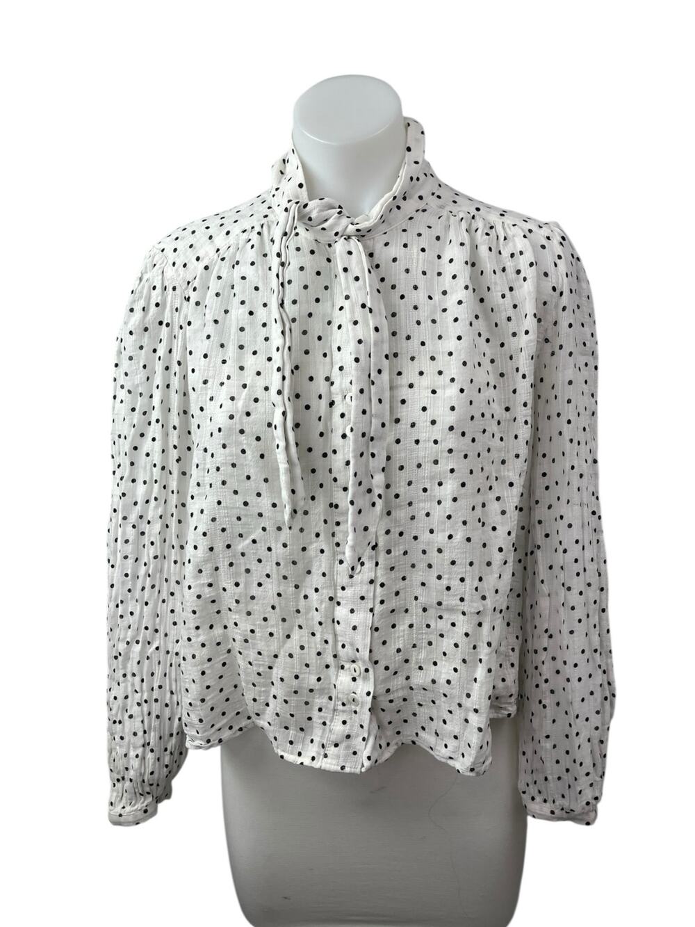 Zara Women's White Polka Dots Balloon Long Sleeve Tie High Neck Blouse Top Sz L
